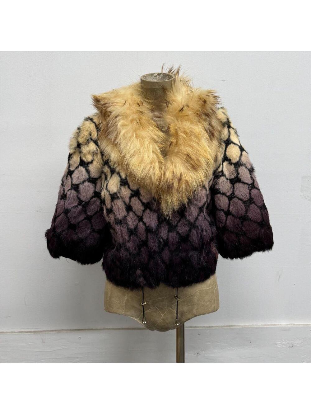 Vintage Y2K Cream Purple Fishnet Print Rabbit & Raccoon Fur Jacket Coat